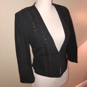 black crop and padded shoulder blazer from bebe